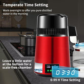 1.1Gal Water Distiller, 0.3Gal/H, 750W Distilled Water Maker Machine 0-99H Timing Setting Temp Display, 304 Stainless Steel Countertop Distiller Glass Carafe Cleaning Powder 3 Carbon Packs, Red